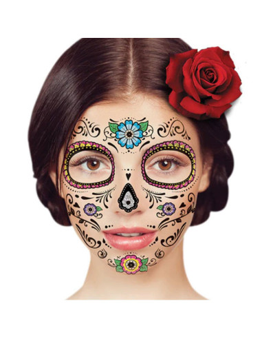Třpytivá halloweenská maska s květinami - nalepovací tetování na obličej